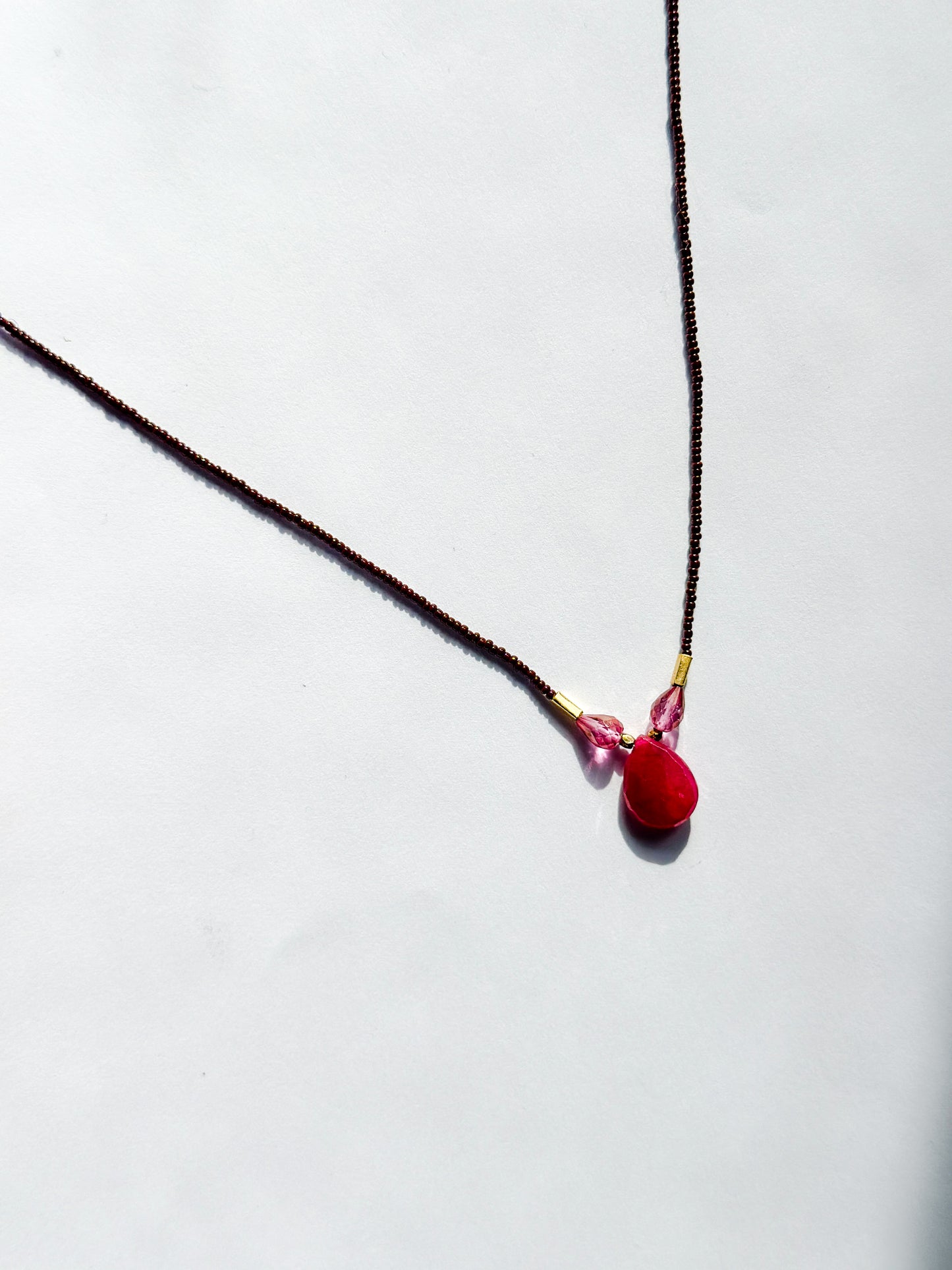 DEBBIE FISHER | Seed Beads w/ Pink Topaz and Ruby Drop Necklace