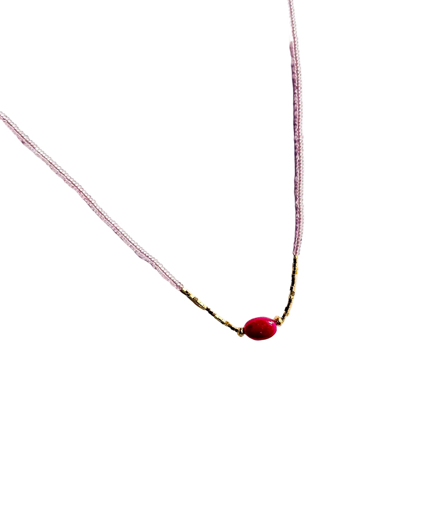 DEBBIE FISHER | Necklace of Pink Seed, Gold Vermeil, and Ruby Beads