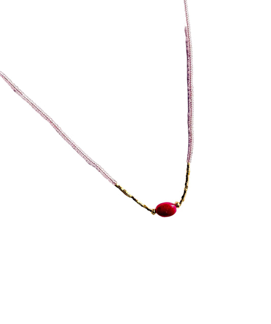 DEBBIE FISHER | Necklace of Pink Seed, Gold Vermeil, and Ruby Beads
