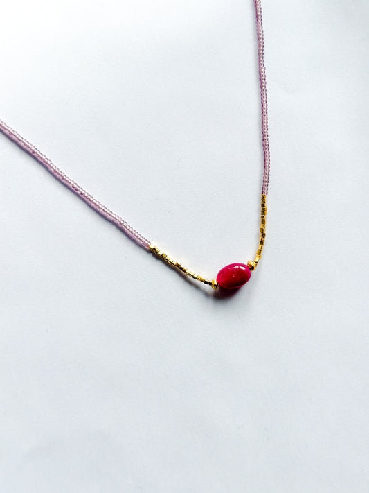 DEBBIE FISHER | Necklace of Pink Seed, Gold Vermeil, and Ruby Beads