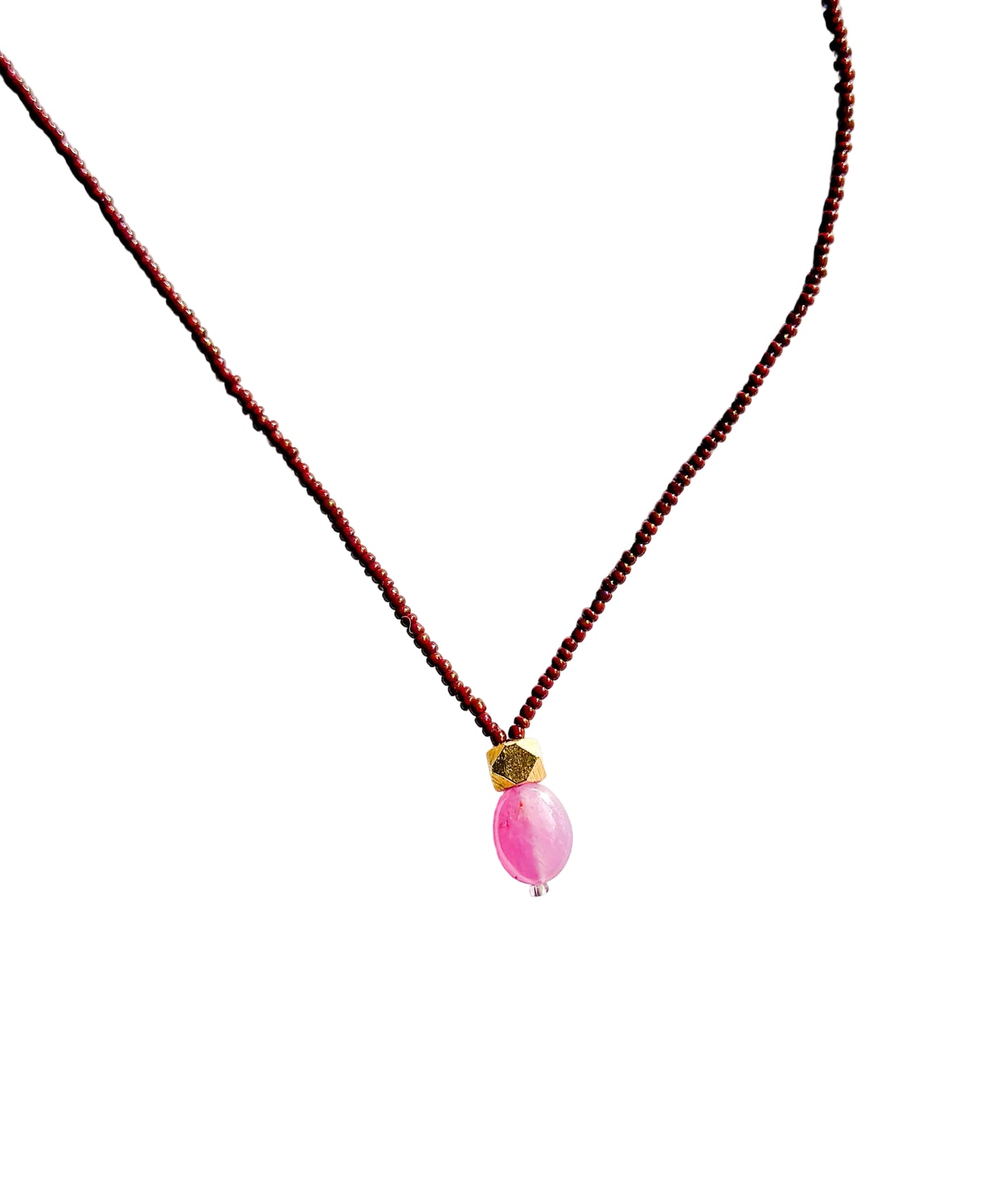 DEBBIE FISHER | Necklace of Brown Seed, Pink Amethyst pendant with gold beads