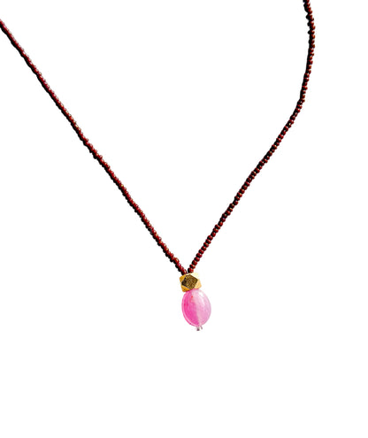 DEBBIE FISHER | Necklace of Brown Seed, Pink Amethyst pendant with gold beads