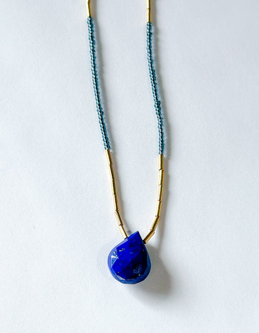 DEBBIE FISHER | Necklace of Grey Seed Beads, Gold Vermeil and Lapis Beads