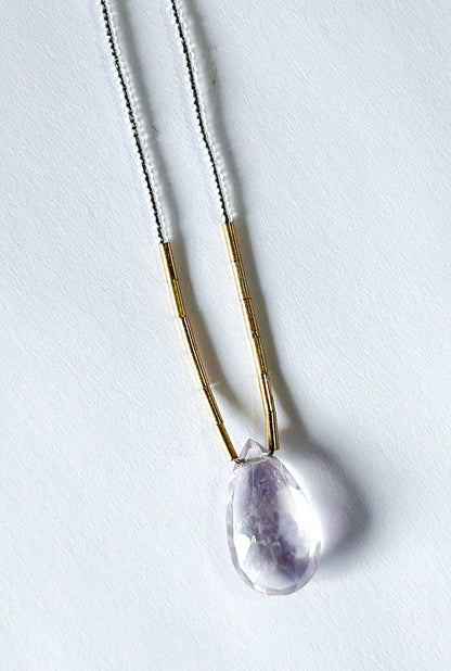 DEBBIE FISHER | Clear Seed w/ Gold Vermeil and Pink Amethyst Drop Necklace