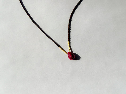 DEBBIE FISHER | Necklace of Brown Seed, Pink Amethyst pendant with centered gold beads