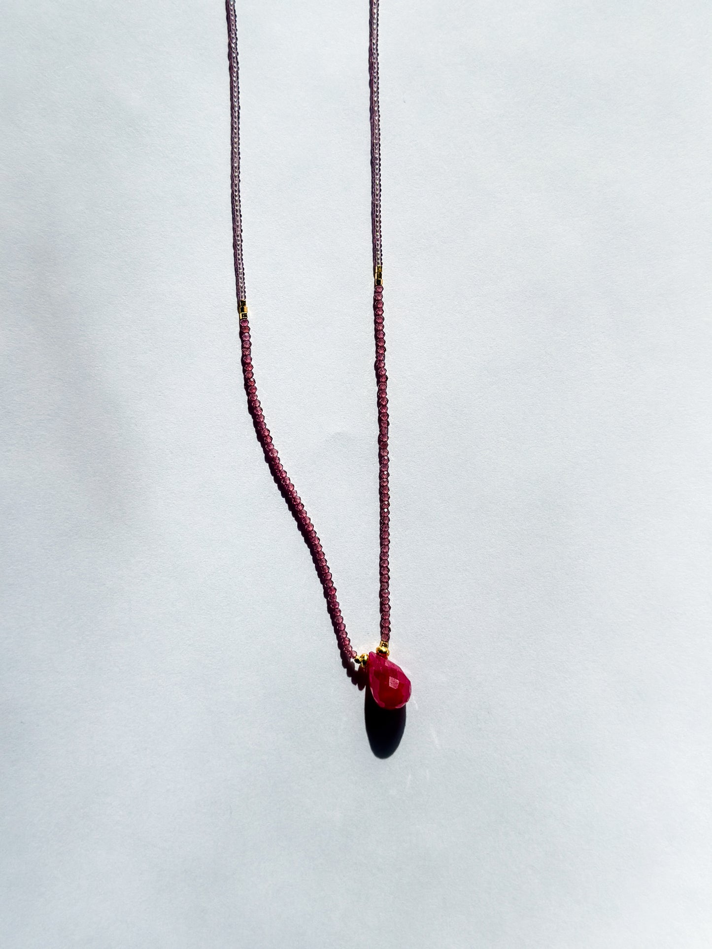 DEBBIE FISHER | Necklace of Light Pink Seed and Garnet Beads with Ruby Drop