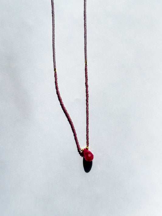 DEBBIE FISHER | Necklace of Light Pink Seed and Garnet Beads with Ruby Drop