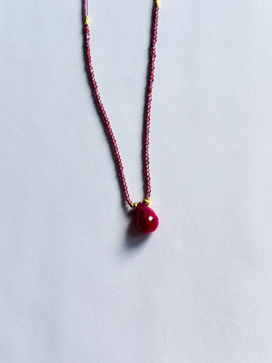 DEBBIE FISHER | Necklace of Light Pink Seed and Garnet Beads with Ruby Drop