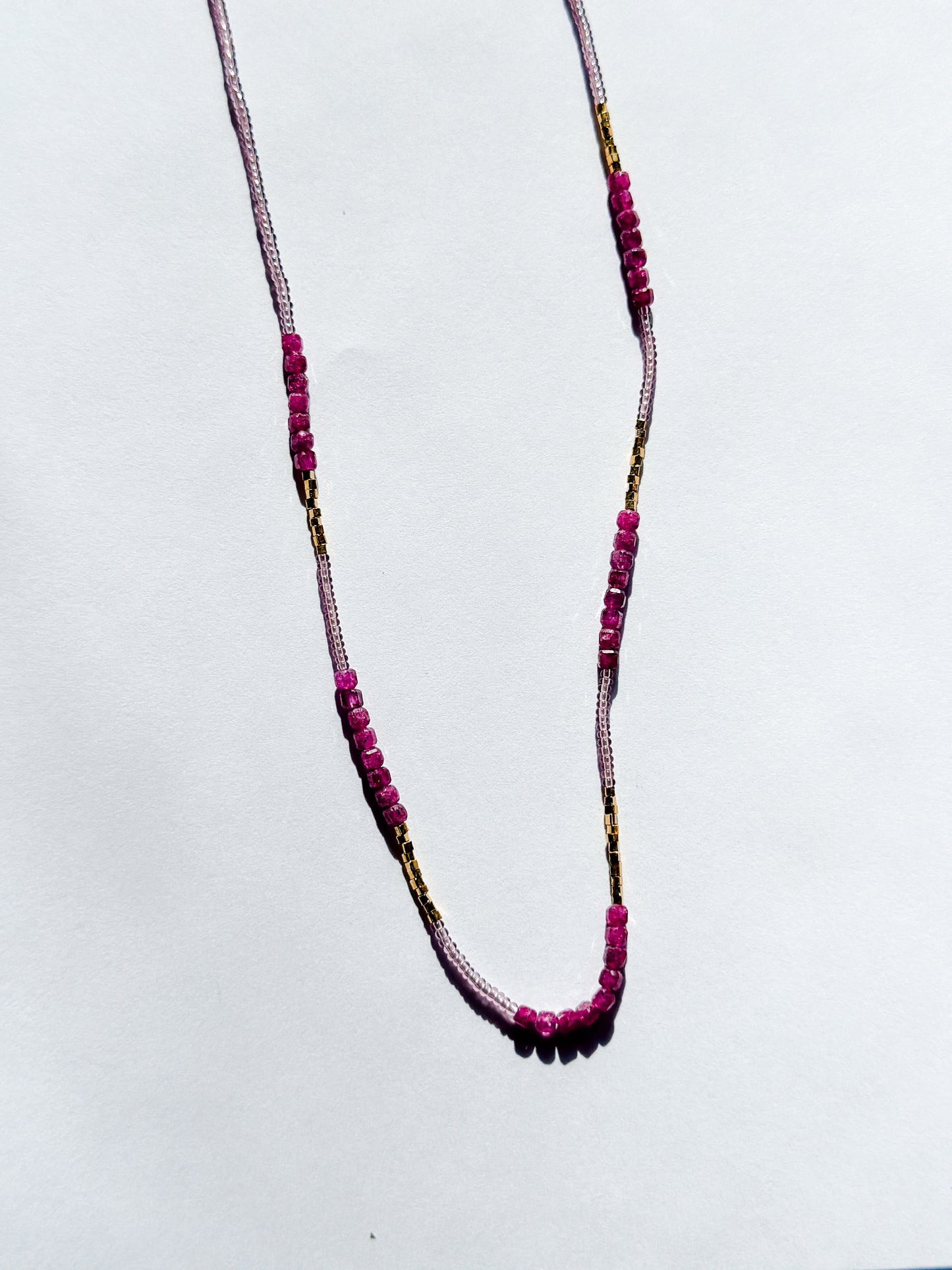 DEBBIE FISHER | Pink Glass Seed, Gold Vermeil and Ruby Beads w/ Gold Fill Clasp Necklace