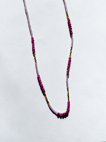 DEBBIE FISHER | Pink Glass Seed, Gold Vermeil and Ruby Beads w/ Gold Fill Clasp Necklace