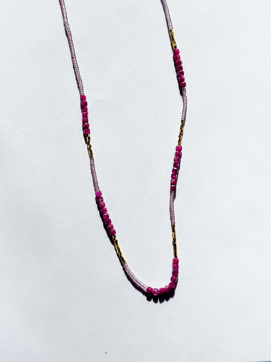 DEBBIE FISHER | Pink Glass Seed, Gold Vermeil and Ruby Beads w/ Gold Fill Clasp Necklace