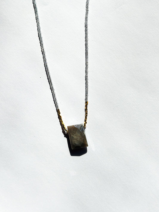 DEBBIE FISHER | Necklace of Dark Mystic Moonstone, Clear Seed, and Gold Vermeil Beads