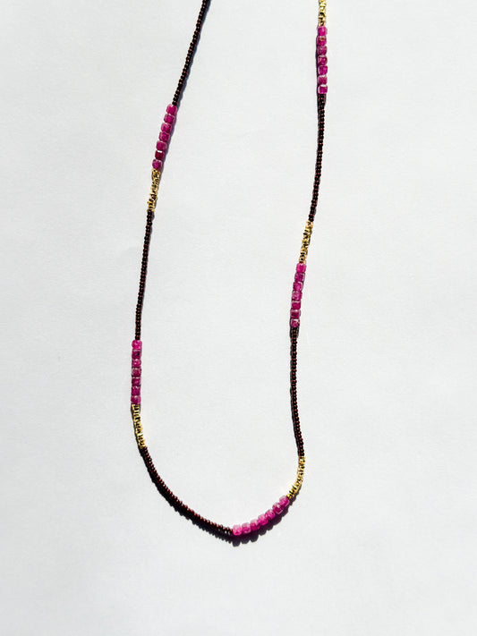 DEBBIE FISHER | Necklace of Brown Seed, Gold Vermeil and Ruby Beads