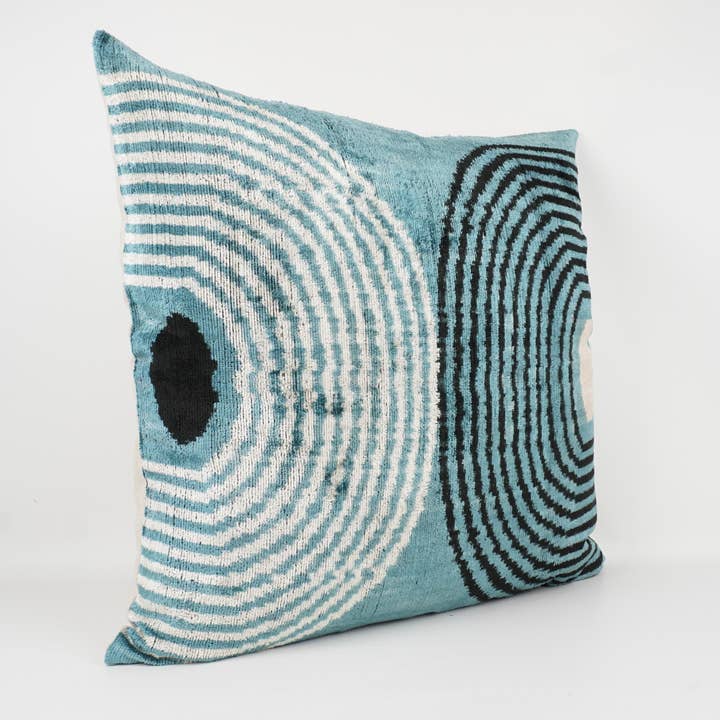 Handmade Ikat Silk/Velvet Blue, Cream and Black Pillow | 24" x 24"