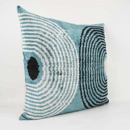 Handmade Ikat Silk/Velvet Blue, Cream and Black Pillow | 24" x 24"