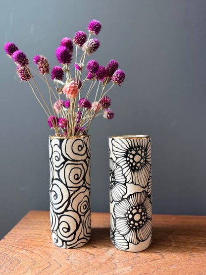 HSIEH CLAY | Ceramic Floral Cylinder Short & Wide Vase 22K Gold Accents