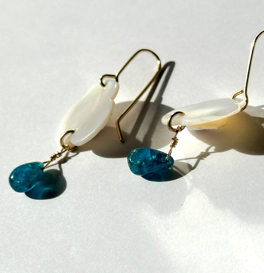 JADEWATER DESIGN | White Mother of Pearl With Apatite Drop Earring
