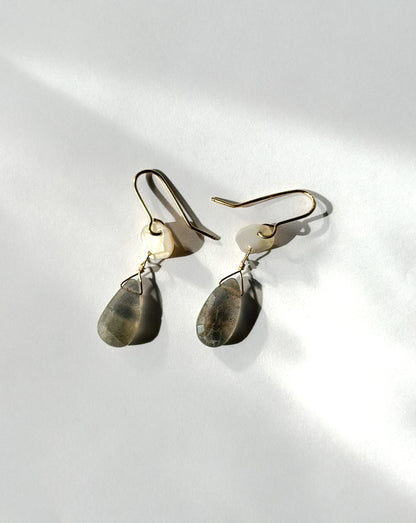 JADEWATER DESIGN | Mini Mother of Pearl Carving With Labradorite Drop Earring