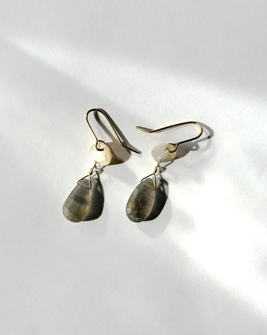 JADEWATER DESIGN | Mini Mother of Pearl Carving With Labradorite Drop Earring