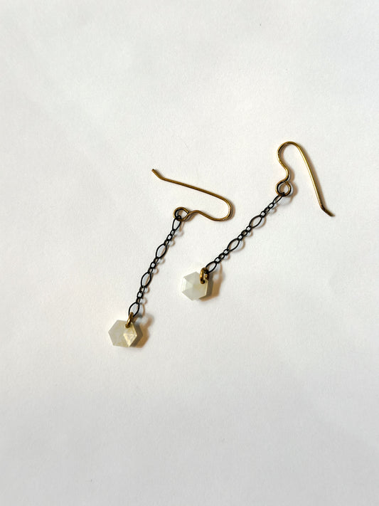 Oxidized Silver Chain With Mini Hexagon Button Drops Earrings