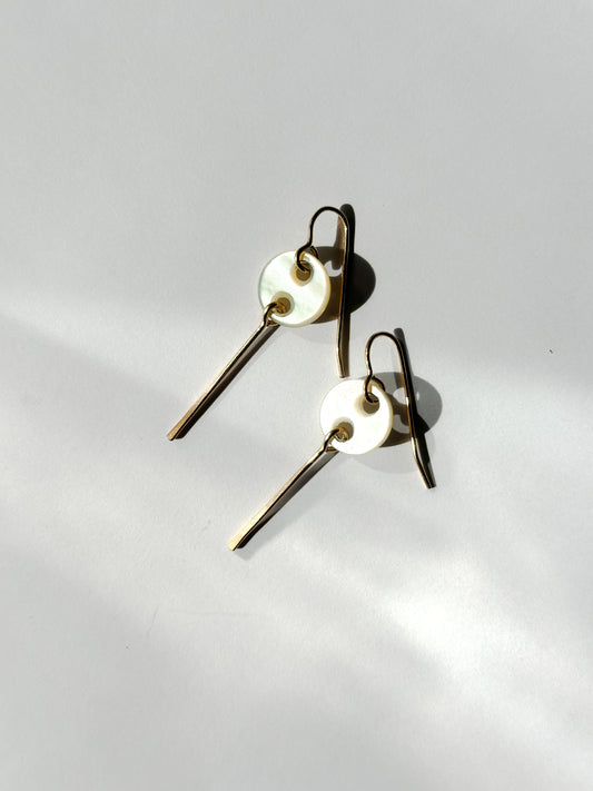 JADEWATER DESIGN | Double Hole Mother of Peal Disc with Gold Line Drop Earring