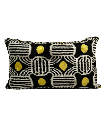 Black, White, and Yellow Geometric Silk Ikat Velvet Pillow | 16" x 24"