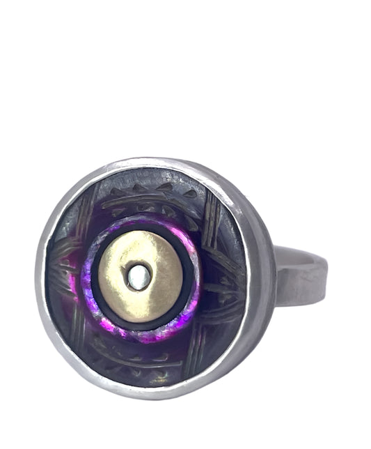 JADEWATER DESIGN | Fuchsia Carved Ring with Gold Fill and Silver Center