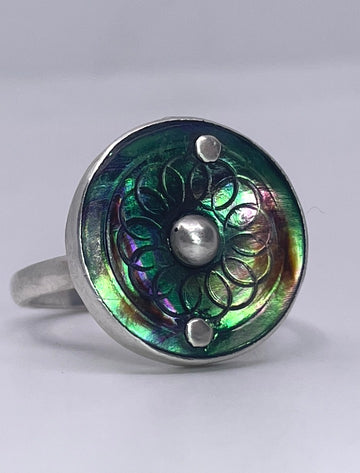 Dark Abalone Ring with Two Rivets and Silver Ball