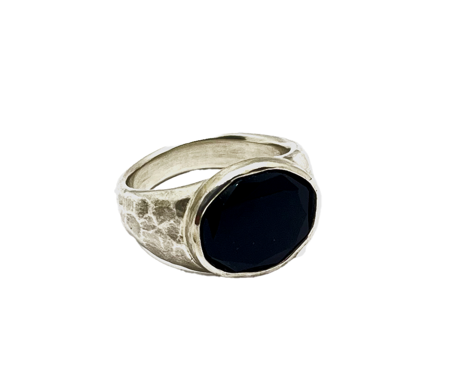 SONJA FRIES | Sterling Silver and Black Onyx Textured Signet Ring