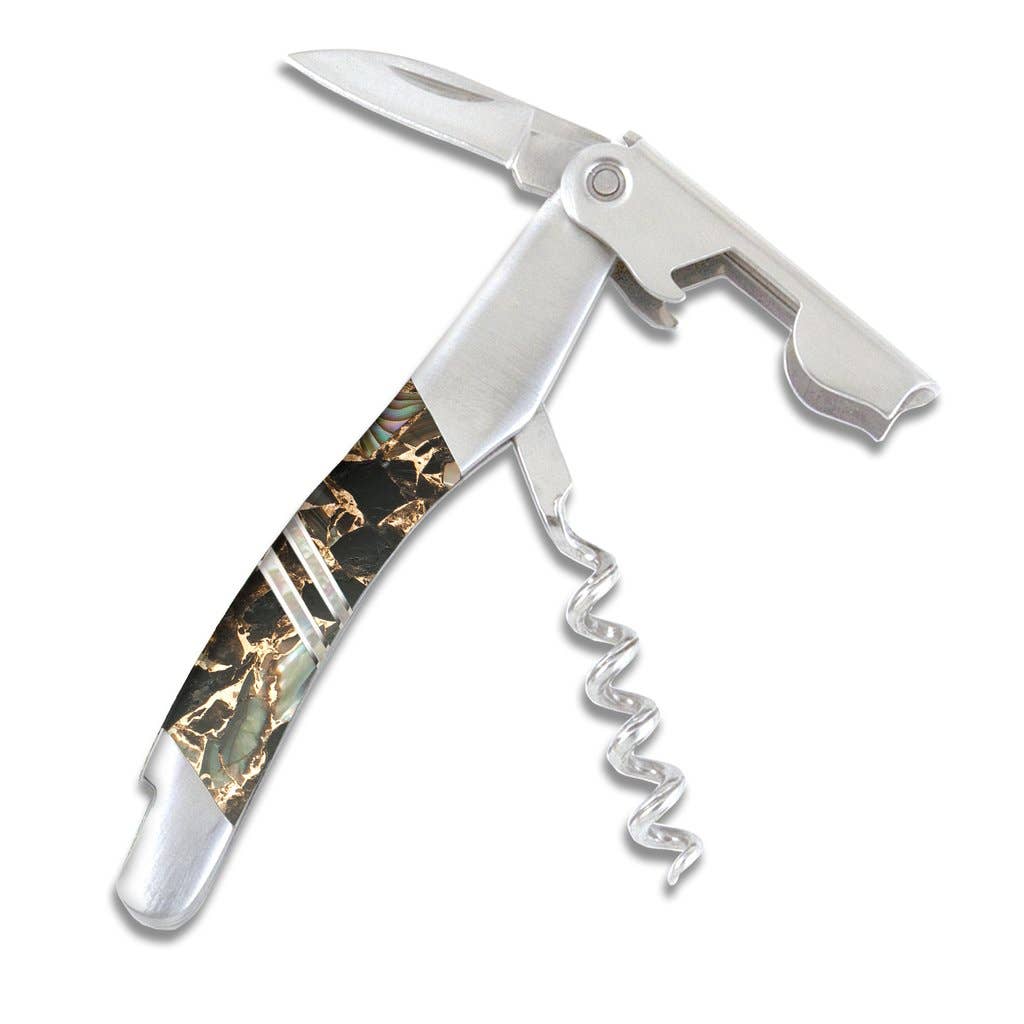 Gemstone Exotics Waiter's Knife - Single- Obsidian/Abalone/Bronze