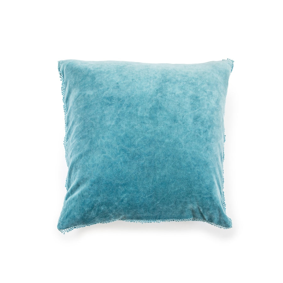 Velvet Pillow with Pom Pom Trim - Indigo