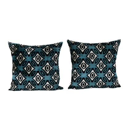 Ikat Azure Blue Pillow - Silk Ethnic Velvet | 24" x 24"