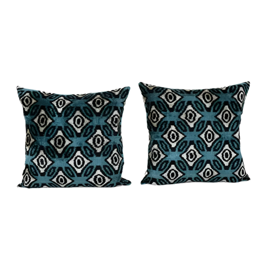 Ikat Azure Blue Pillow - Silk Ethnic Velvet | 24" x 24"
