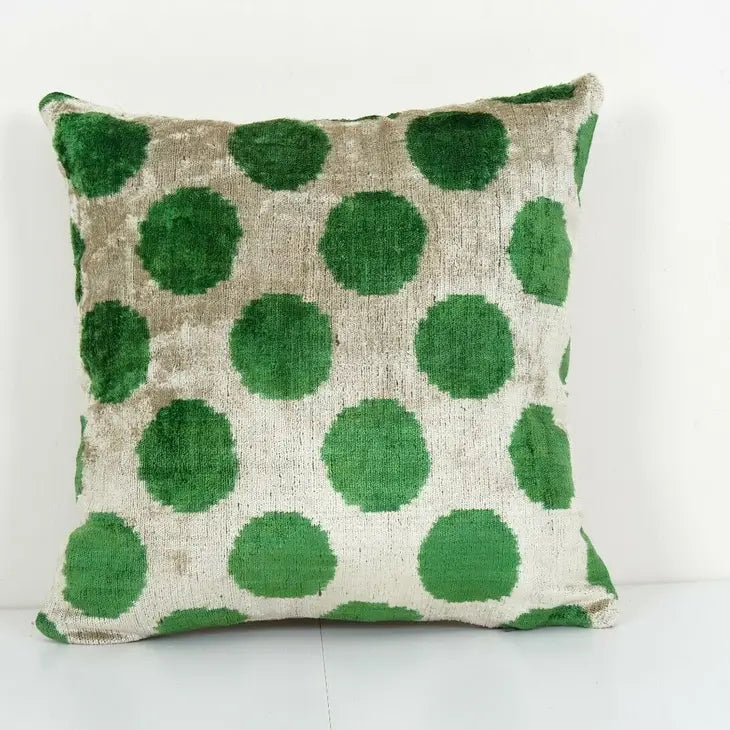 Polka Dot Green Silk Ikat Velvet Pillow - Decorative Uzbek Handloom | 14 x 14