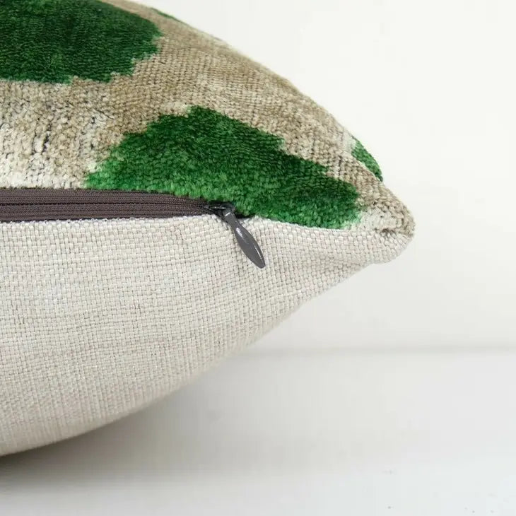 Polka Dot Green Silk Ikat Velvet Pillow - Decorative Uzbek Handloom | 14 x 14