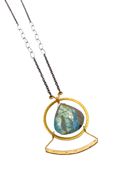 JADEWATER DESIGN | Etruscan-style Necklace of Large Labradorite Teardrop in Gold Frame with Oxidized Chain
