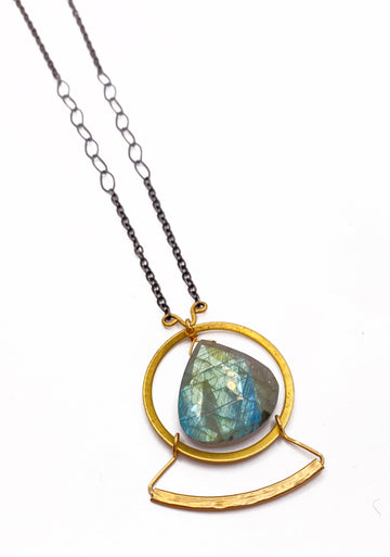 Etruscan-style Necklace of Large Labradorite Teardrop in Gold Frame with Oxidized Chain