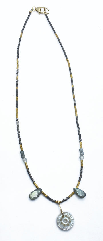 Jadewater | Necklace of Beaded chain with 24 kt Gold and Grey Toho Beads with Labradorite and Vintage Button