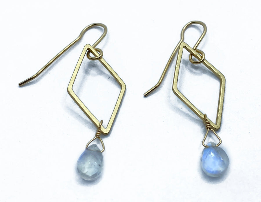 Jadewater | Gold Diamond Frame Earrings with Rainbow Moonstone Drop