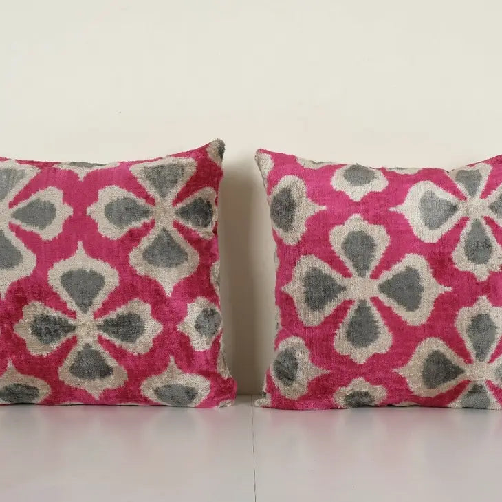 Handloom Pink Ikat Velvet Pillow, Square Floral Uzbek Cushion | 20 x 20
