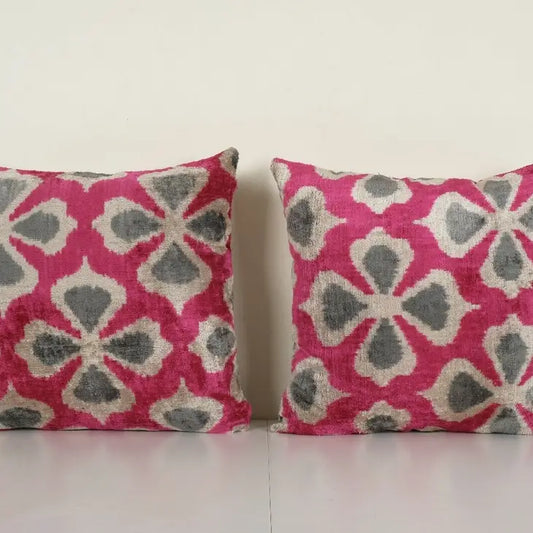 Handloom Pink Ikat Velvet Pillow, Square Floral Uzbek Cushion | 20 x 20