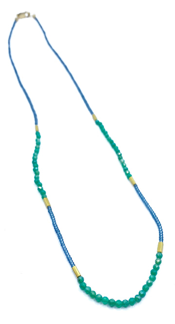 Debbie Fisher | Grey Glass Seed, Gold Vermeil and Green Onyx Bead Necklace
