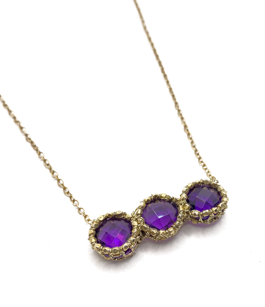 Danielle Welmond | Woven Gold Cord Triple Coins Amethyst Quartz with Gold Cord and 14kt Vermeil Beads