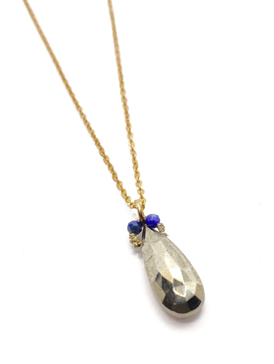 Danielle Welmond | Pyrite Marquis Drop With Gold Cord and Black Spinel on Gold Plated Chain
