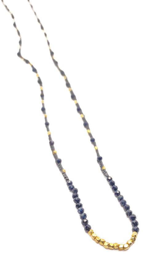 Danielle Welmond | Woven Dark Grey Silk Cord Necklace With Blue Sapphire and 14K Gold Vermeil Beads