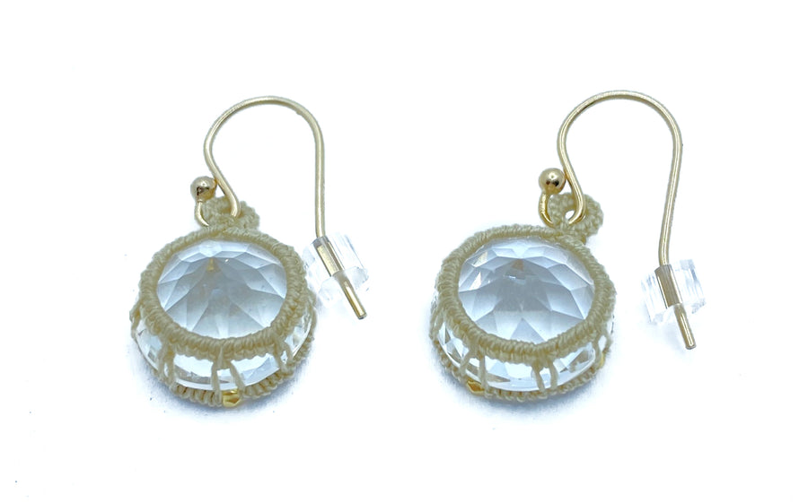 Danielle Welmond | Caged Crystal Quartz Earrings w/ Taupe Cord and 14kt Gold Vermeil Beads