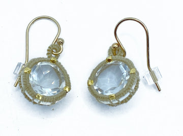 Danielle Welmond | Caged Crystal Quartz Earrings w/ Taupe Cord and 14kt Gold Vermeil Beads