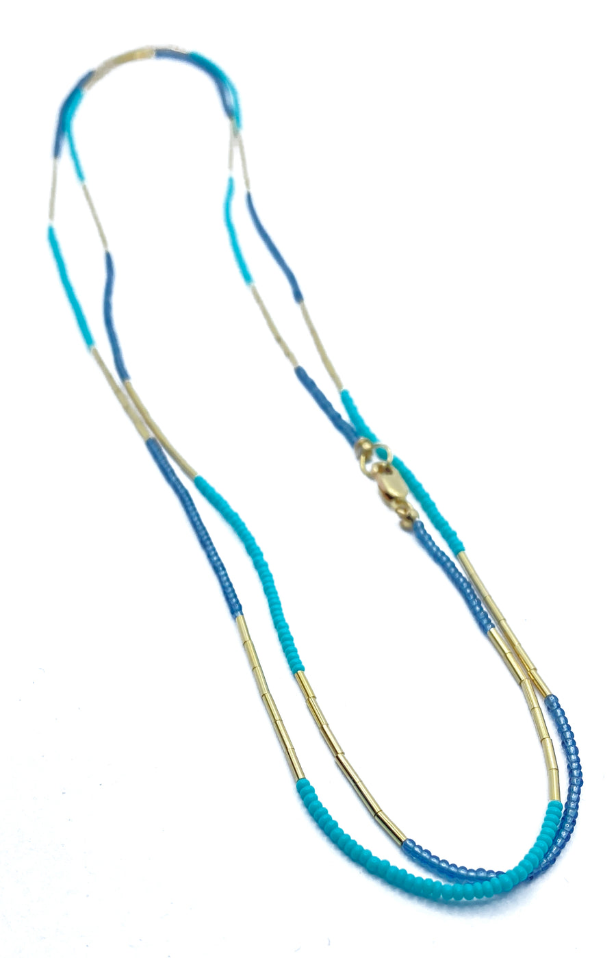 Debbie Fisher | Turquoise and Grey glass seed bead with Gold fill bead and clasp long/wrap Necklace