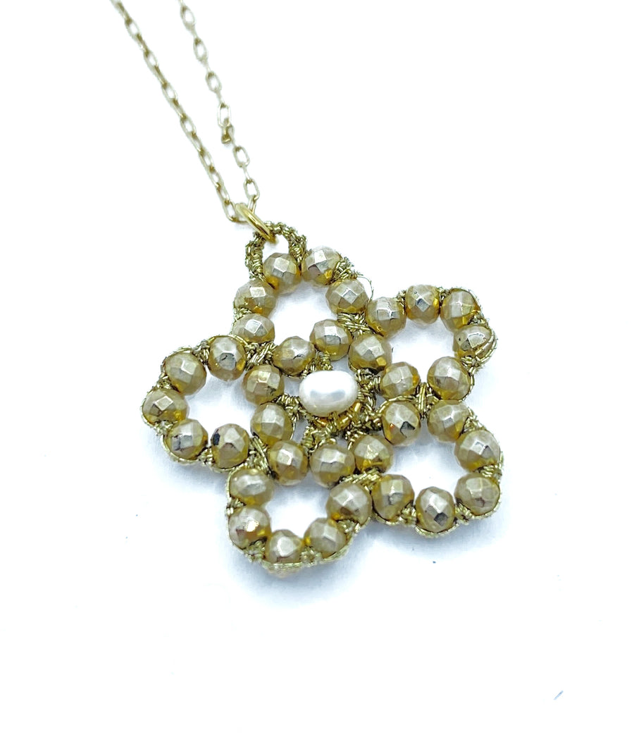 Danielle Welmond | Woven Gold Cord Necklace w/ Gold Pyrite and Center White Pearl on 14kt Gold Vermeil