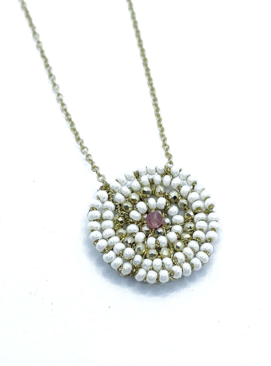 Danielle Welmond | Woven Gold Cord Necklace w/ White Pearls, Gold Pyrite, and Pink Tourmaline  on 14kt Gold Vermeil Chain